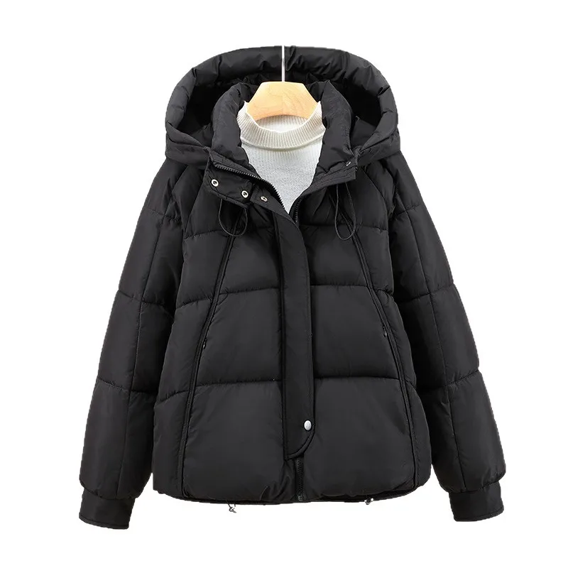 Women Solid Parkas Coats Short Jackets Drawstring Hooded Zipper Pocket Long Sleeves Thick Loose Office Lady Casual 2025 Winter