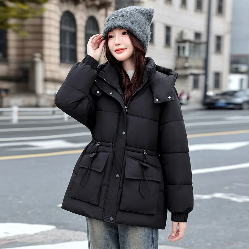 Hooded Women Parkas Coats Solid Overcoats Drawstring Waist Zipper Long Sleeves Straight Fit Thick Casual 2025 Autumn Winter