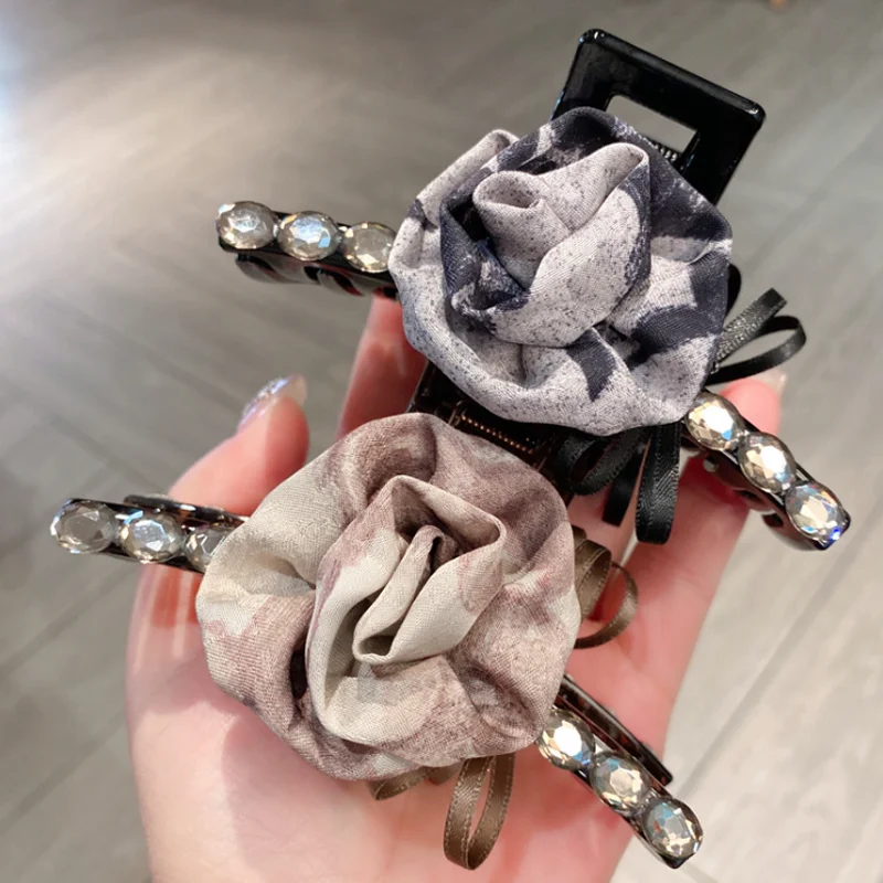 

Новые корейские заколки-крабы для волос с цветочным бантом и стразами, длинные заколки-крабы в винтажном стиле, женские аксессуары для волос