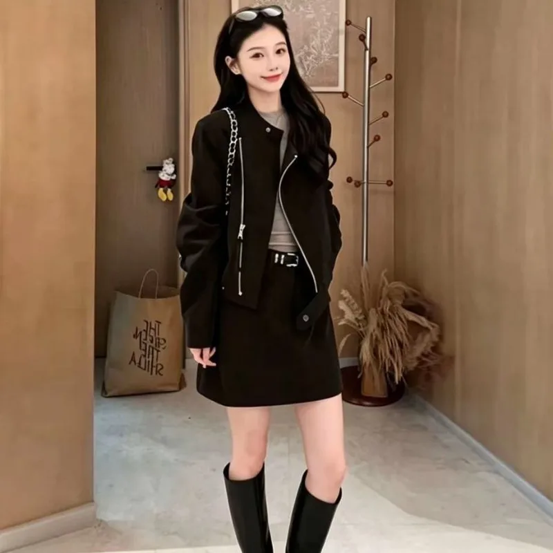 Women Diagonal Zipper Short Jacket And Mini Skirt Two Piece Set Autumn Fashion Faux Leather Matching Outfit