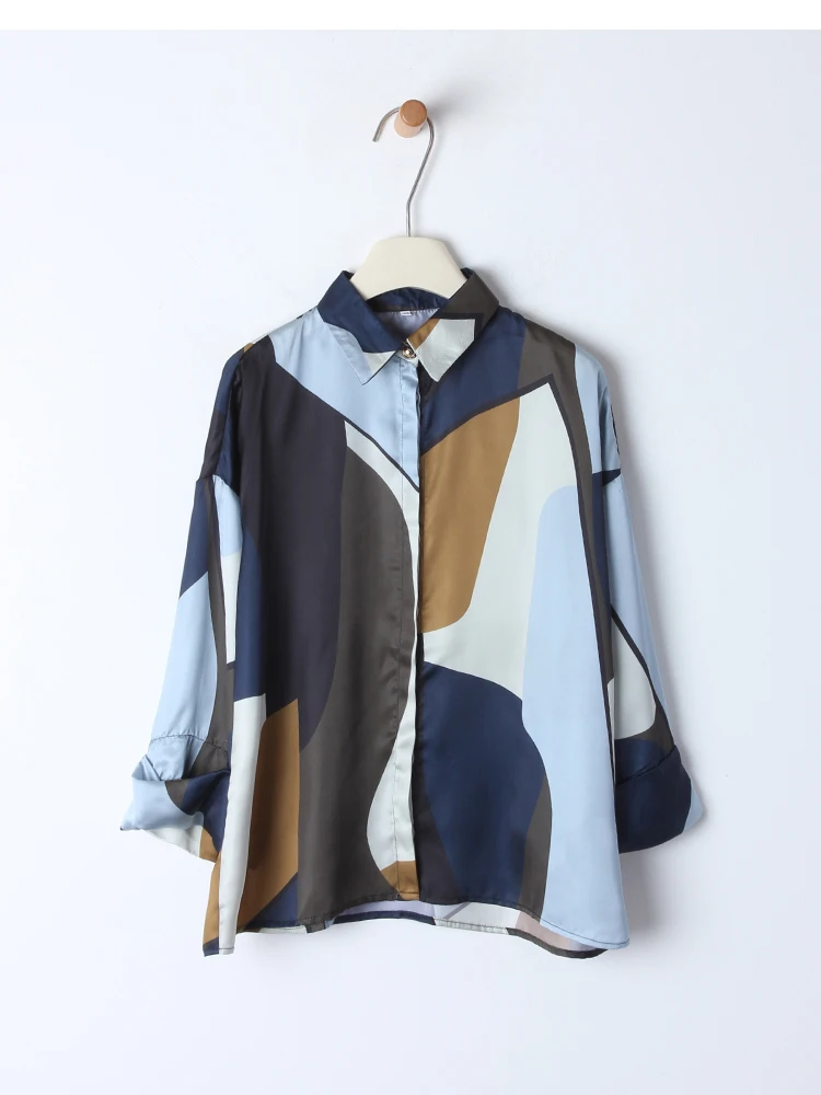 A27 Vintage bedruckter lockerer Seidenkragen irt Retro Nine Sve Länge rund Ne Regular Länge Pendeln Sle Faion Damen...