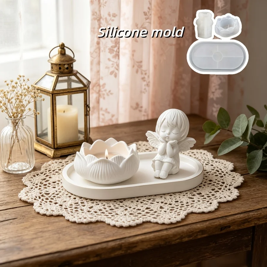 DIY Clay Mold 3pcs Set, Cute Sitting Posture Angel for Lotus Candle Holder Oval Tray Silicone Mold Set,  Resin Silicone, Holiday