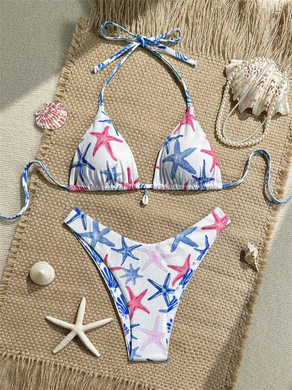 Sexy Starfish Bikini Shell Print Patchwork Ribbed Swimsuit Women Triangle String Micro Thong Vacation Swimwears Beach Outfit Set