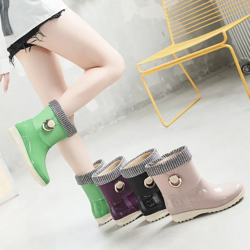 Spring Women\'s Outdoor Casual Fashion Mid-Tube PVC Rain Boots Warm Waterproof Boots Women\'s Comfortable Work Water Boots New