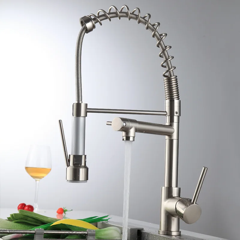 

Spring double faucet hot and cold water brass nickel brushed American rotary drawing sink faucet