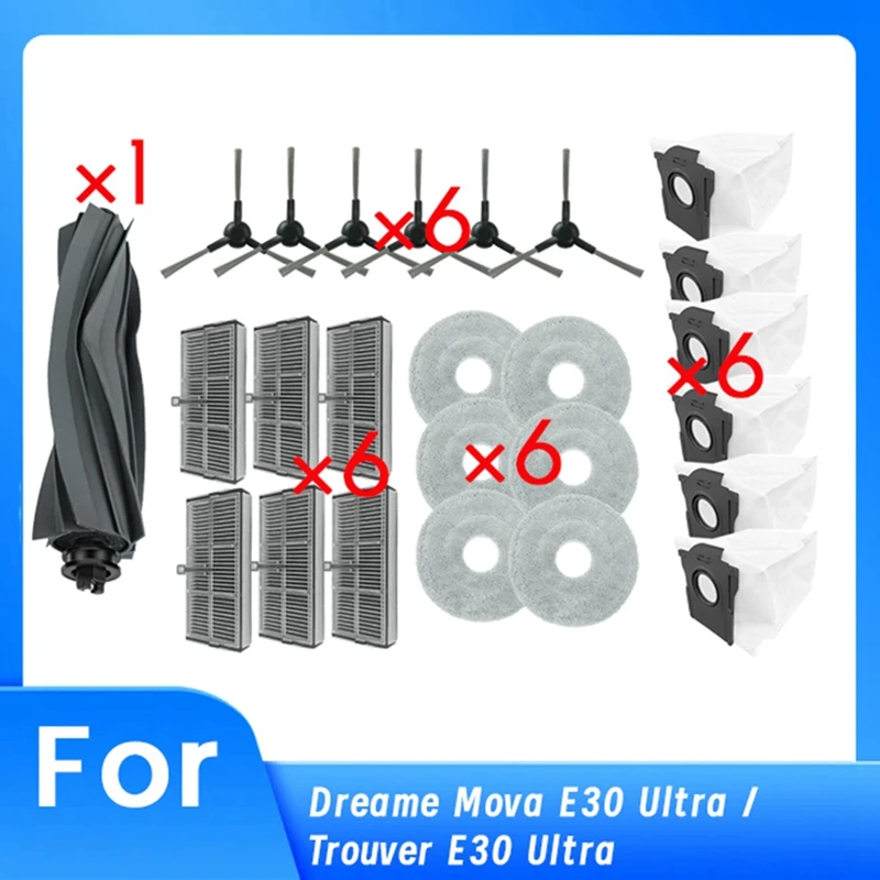 25 Pcs For Dreame Mova E30 Ultra / Trouver E30 Ultra Sweeping Robot Cleaner Parts Replacement Main Side Brush Mop Filter Set