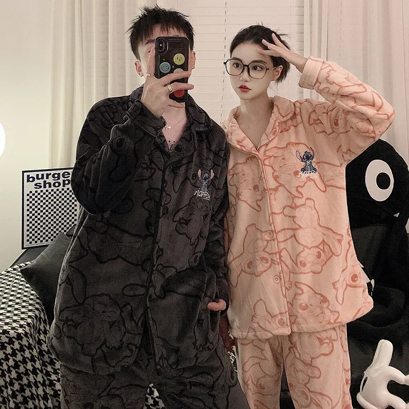 Stitch couple pajamas winter coral fleece cotton  two-piece suit couple suit cartoon Disney loungewear Stitch women's pajamas