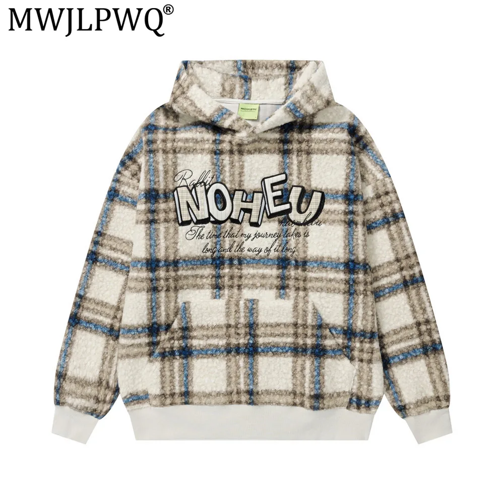 MWJLPWQ Plaid Lambswool Hooded Sweatshirt For Men Loose Casual American Trendy Letter Embroidery Casual Tops Autumn Winter 20556