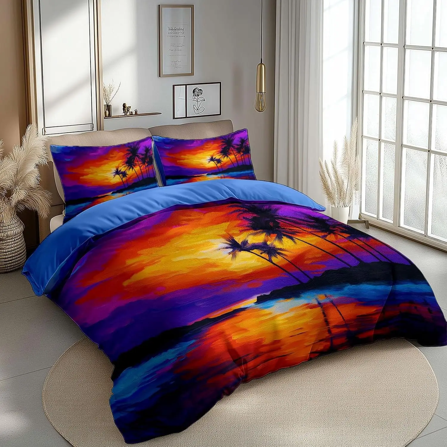 Coastal Anime Bedding Set 230x220cm With 2 Pillowcases 50x75cm Island Sunset Palm Tree Printed Quilt Cover Room