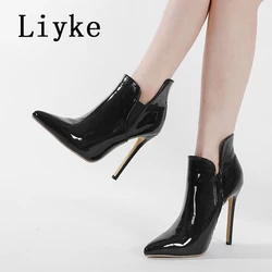 Liyke High Quality Patent Leather Pointed Toe Zip Ankle Boots For Women Spring Autumn Heels Pumps Sexy Party Club Stripper Shoes