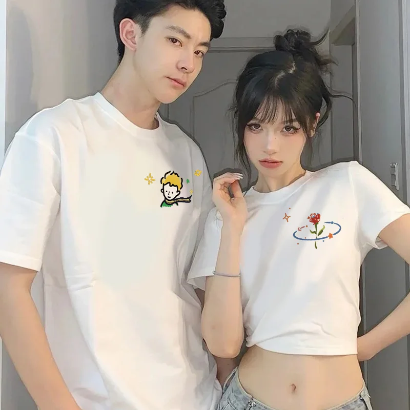 Summer Cartoon Flower Couple Clothes Short Sleeve Set For Him and Her Korean Style Cotton Men Tshirt And Women Sexy Crop Top