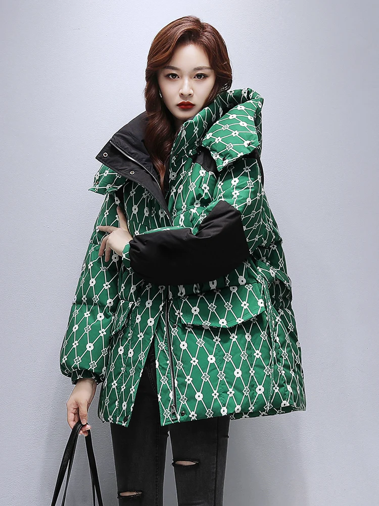 2024 Autumn Winter Fashion White Duck Down Warm Hooded Printed Coats Zipper Pockets Design Korean Casual Outerwear