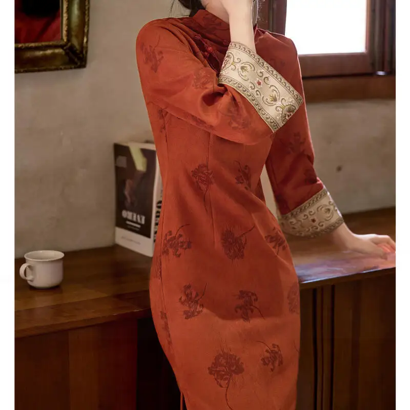 Improved New Chinese Style Dress Women Elegant Qipao Dress Suede Print Chesongam Flare Sleeve Hanfu Dress Lautumn Ong Vestidos