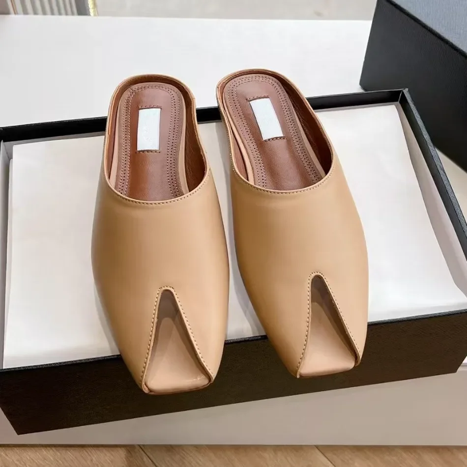Designer Brand Square Head Baotou Slippers for Women Wearing Genuine Leather Muller Shoes with One Step Stepping Fish Mouth Sand