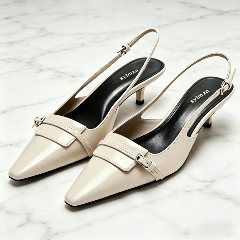 Luxury Brand Designer Shoes for Women Fashion Pointed-toe Belt Buckle Kitten-heel Slingback Heels Concise Commuting Office Shoes