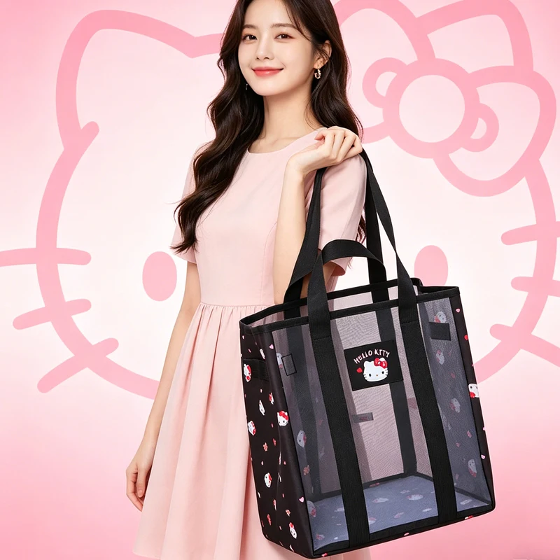 Hello Kittys Cosmetic Bag Cartoon Mesh Tote Bag My Melody Fold Leisure Portable Super Light Beach Storage Bags for Woman