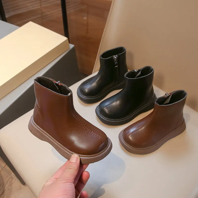 

Kids Short Leather Boots Side Zipper Thick Bottom Autumn Winter Children Fashion Boots Simple Girls Ankle Boot Black