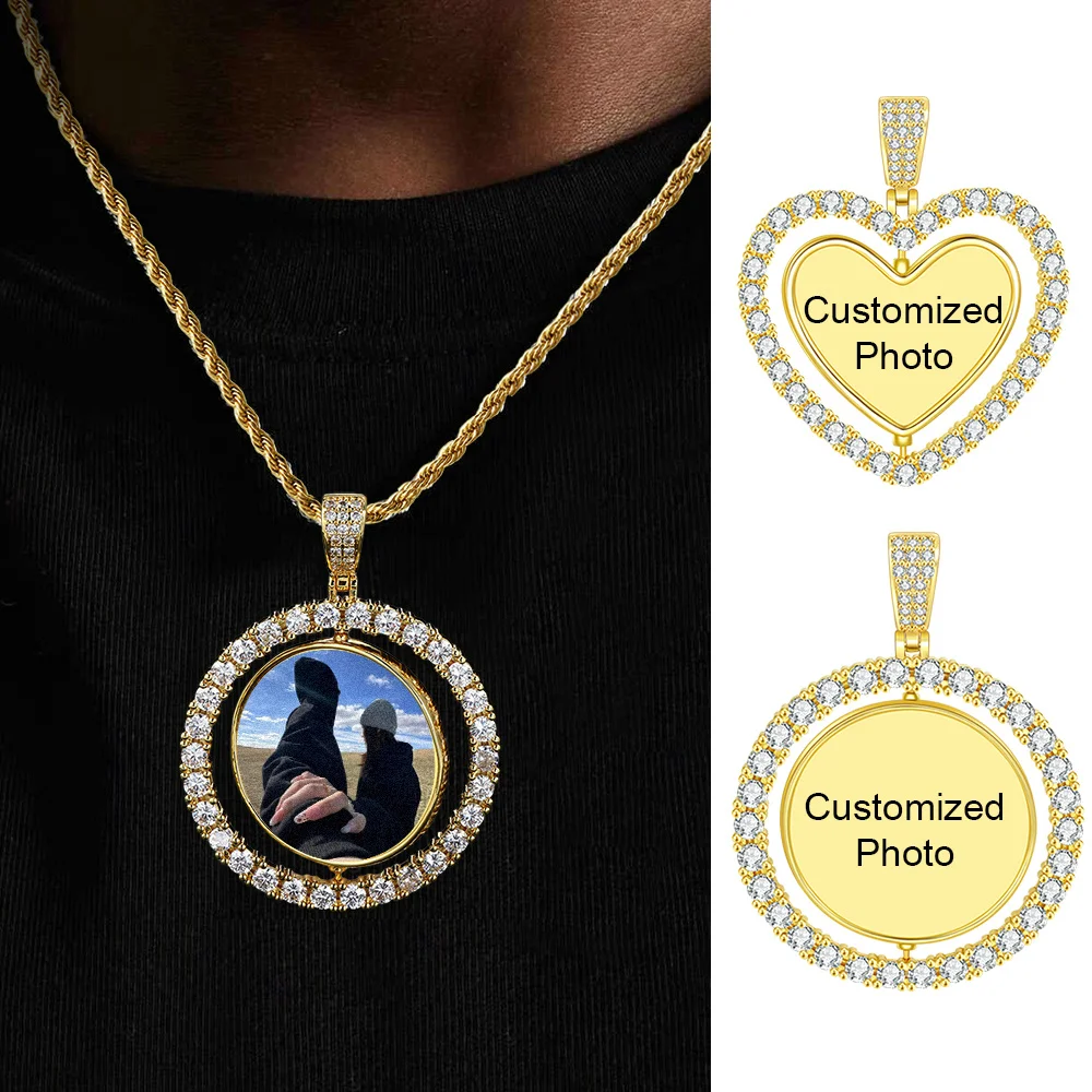 

Couple Customized Double-sided Photo Pendant For Men Women Spin Necklace Ice out Gold Color Hip Hop Fashion Jewelry Dropshipping