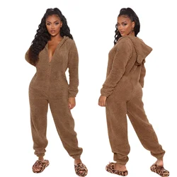 Oversize Fur Winter Teddy Ear Cute Sleepwear Onesies Jumpsuit Hooded Pajamas Homewear Warm Pajamas Robes Nightgown Thick Suit