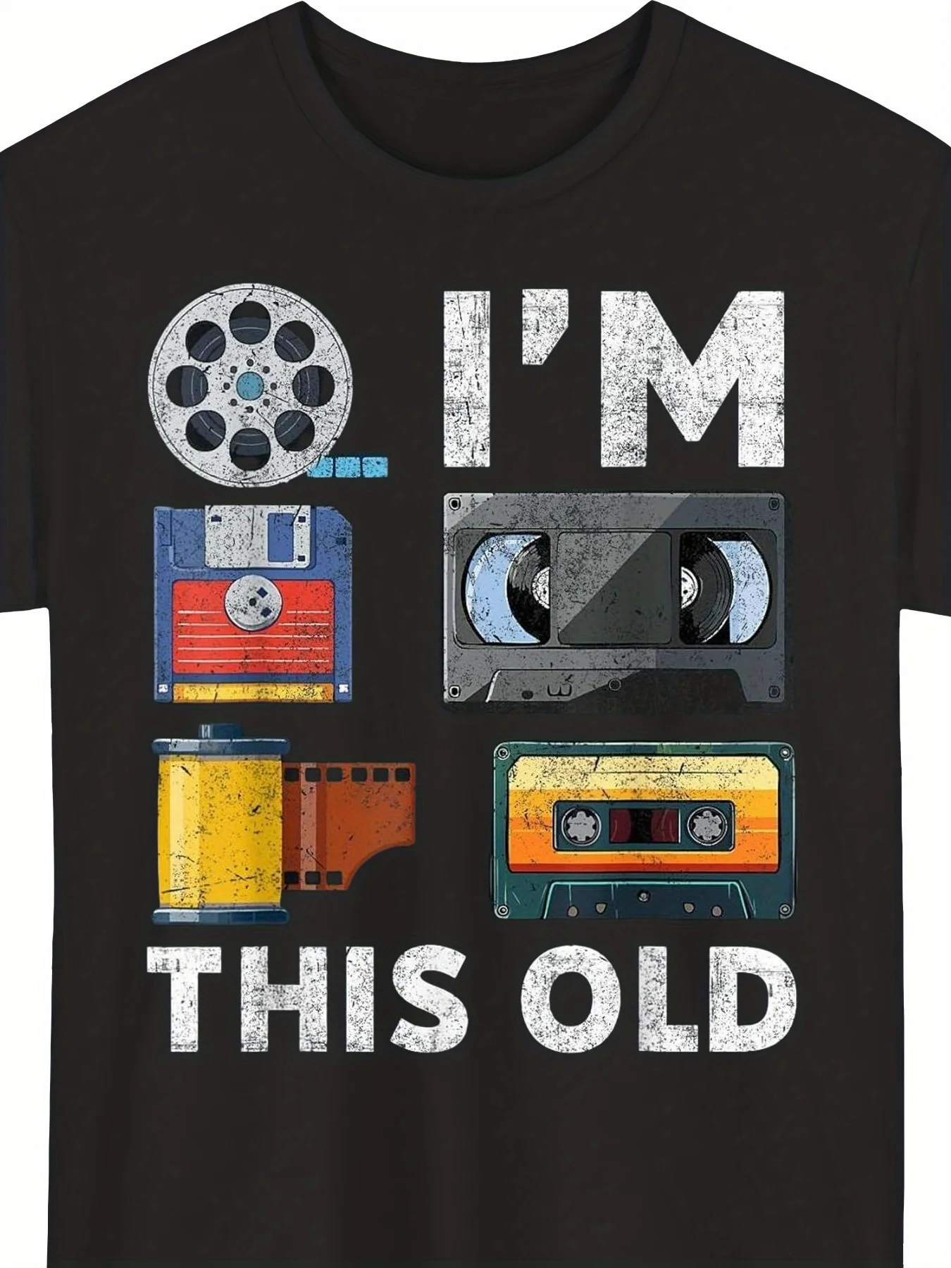 Plus-Size Retro Nostalgic Media Technology T-Shirt - Vintage Cassette VHS Floppy Disk Print Short-Sleeve Round Neck Shirt - Digital Heat Transfer Casual Top, Suitable for Tech Exhibitions And Everyday Wear., for Teenager, For Teenager