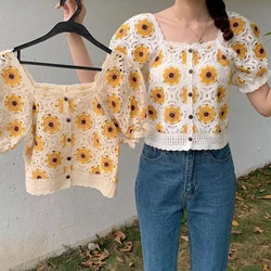 Embroidered Daisy Crochet Top Puff Sleeve Square Neck Openknit Floral Crop Blouse Summer Women Teen-girl Fairycore Outfit