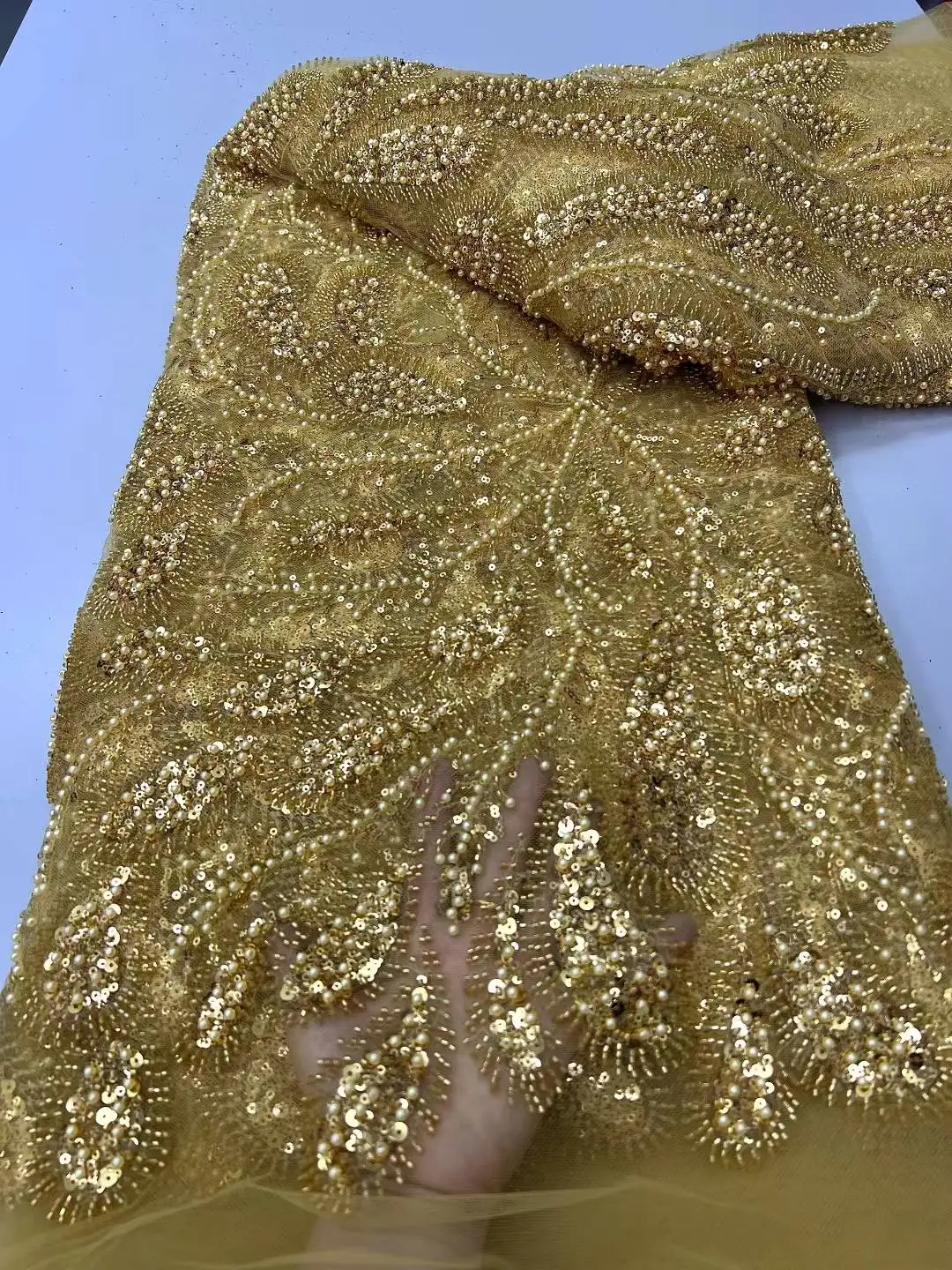 

2025 Newest African Nigeria High Quality Sequins Tulle Lace Fabric For Wedding Party Dress Heavy Beaded Embroidery Lace 5 Yards