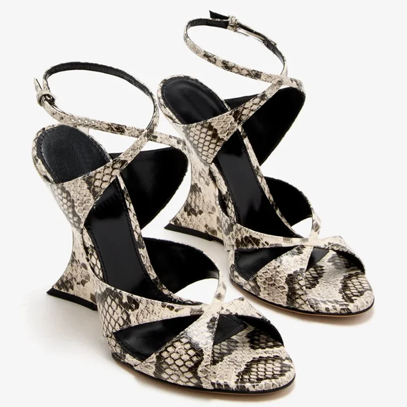 

Snakeskin Cross Tied S trange Style Sansals Sexy Round Toe Wedges Customized Ankle Strap New Arrivals Fashion Women Modern Shoes