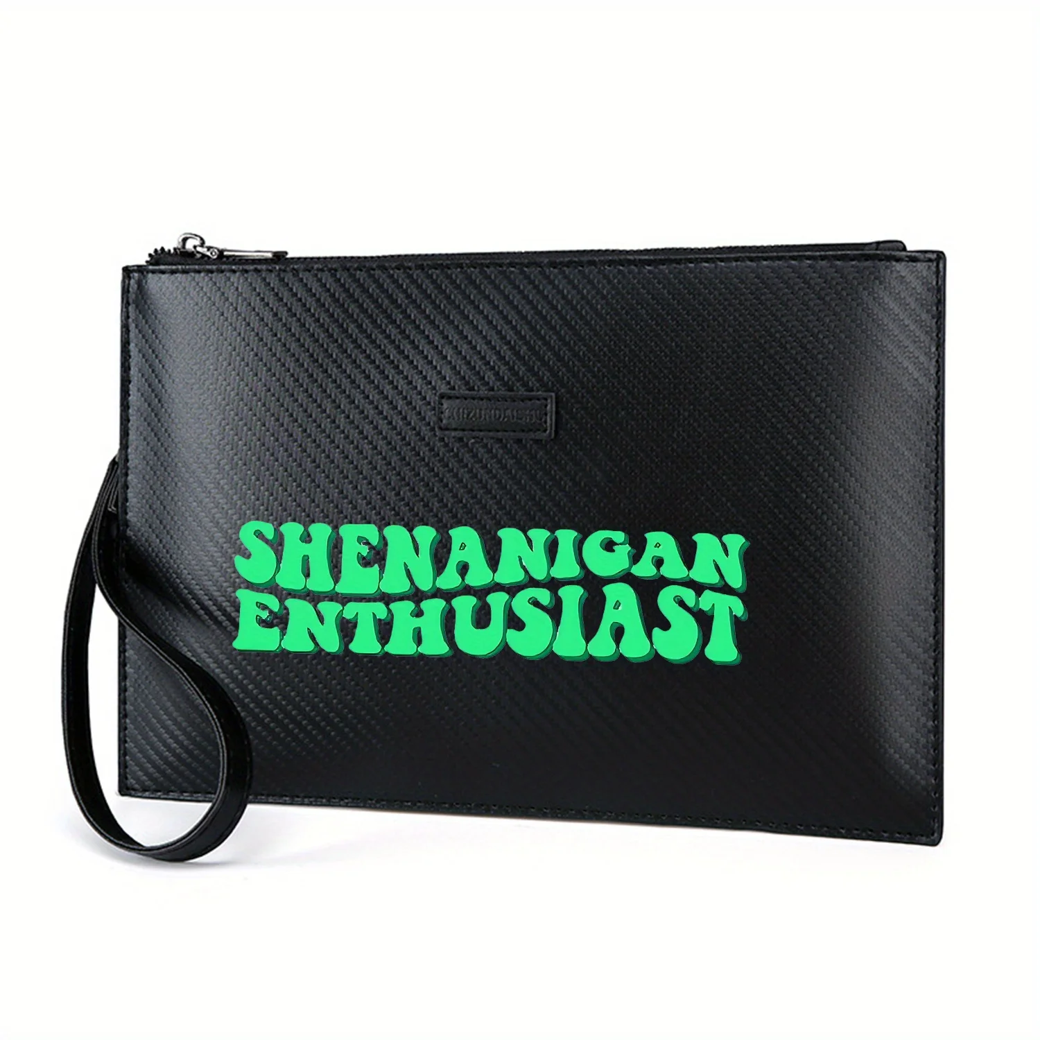 Shenanigan Enthusiast green words on black Elegant Printed PU Men's Handbag Fashionable and Practical for Everyday Carry