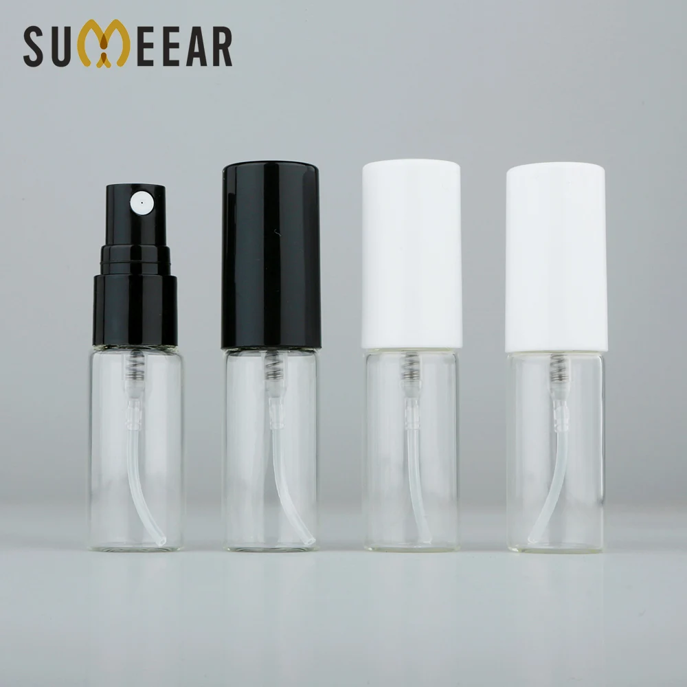 100 Pcs 5ml Glass Perfume Spray Bottles Refillable Atomizer Black and white plastic spray Empty Cosmetic Bottle Glass Vials