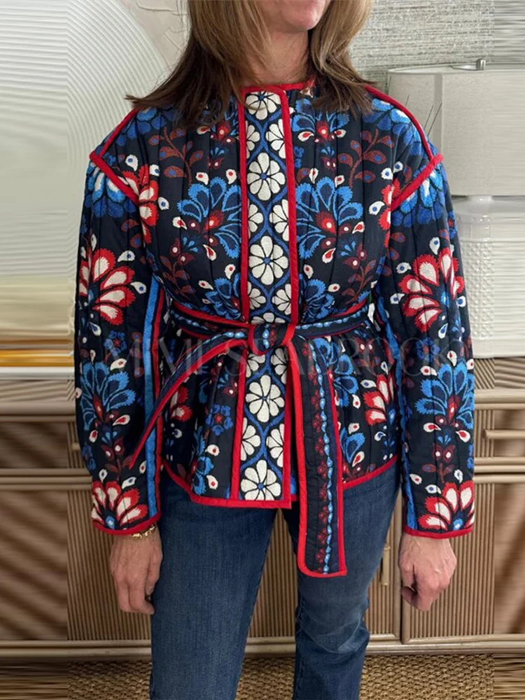 Boho Floral Print Quilted Long Sleeve Jacket Relaxed Fit Tie Waist 2026 Autumn Women Outerwear Artistic Vintage Lady Coat