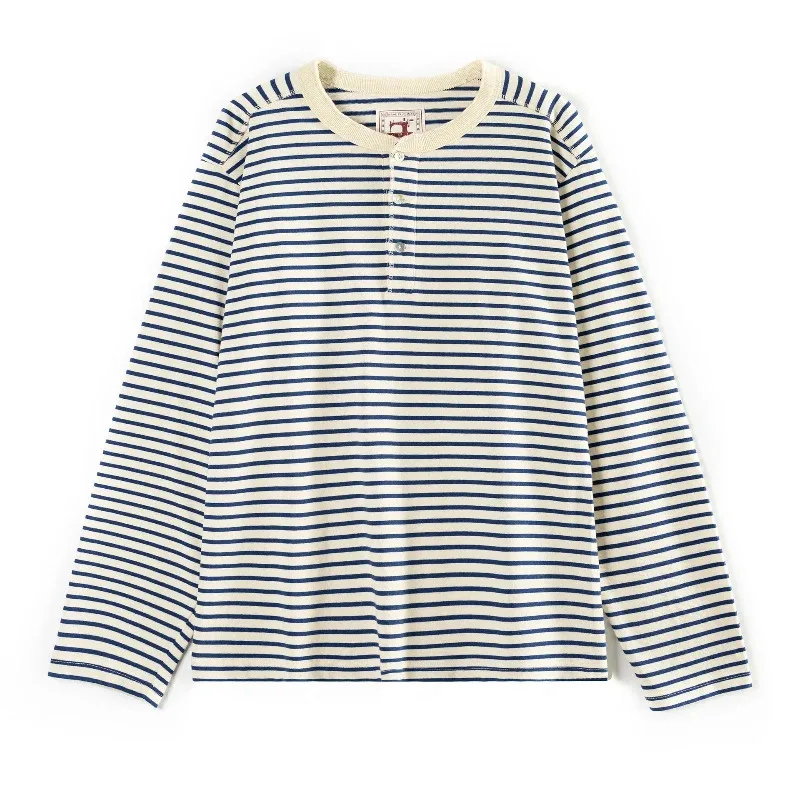 Camiseta clásica americana Retro azul y blanca Sea Soul, camiseta informal de manga larga con cuello Henry a rayas totalmente de algodón resistente para hombre