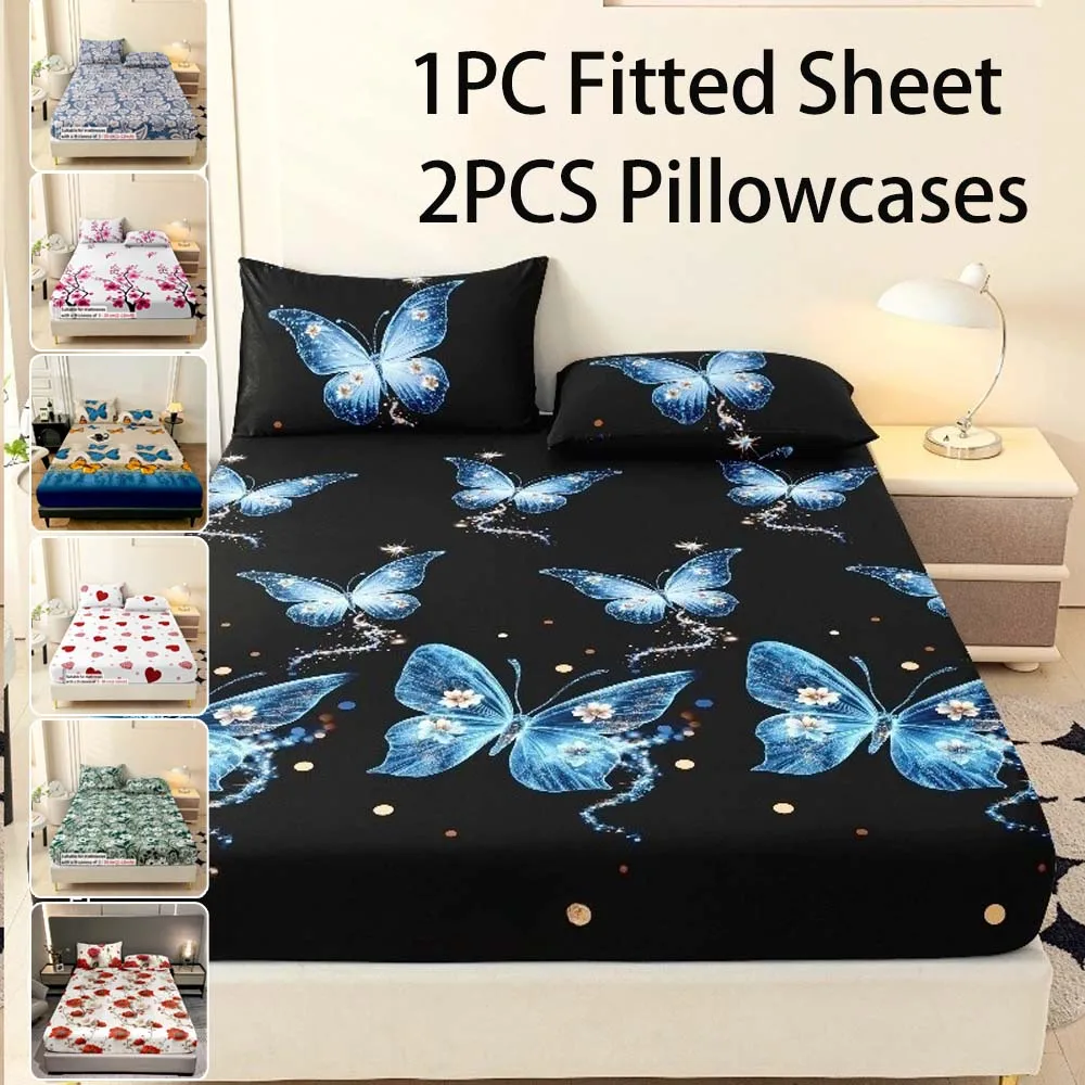 3Pcs Set Rose Floral Fitted Sheet (1pc Fitted Sheet + 2pcs Pillowcases) with Elastic Band 360° Full Coverage for Home Hotel 침구세트