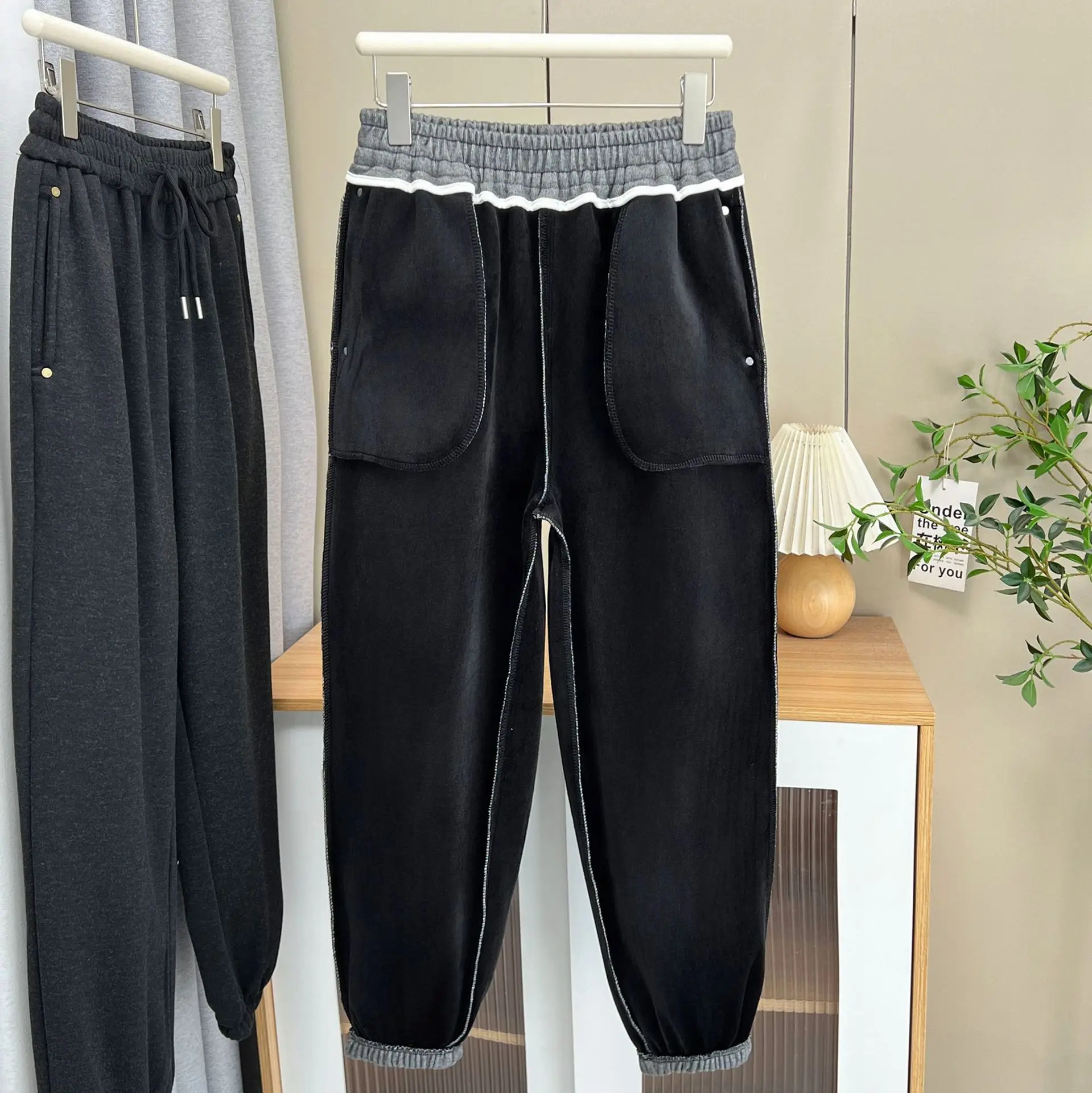 XXXXL موضة حجم كبير ملابس امرأة سراويلي حريمي بسيط غير رسمي دافئ الصوف وسميكة الكاحل النطاقات Sweatpants شتاء 893 #6