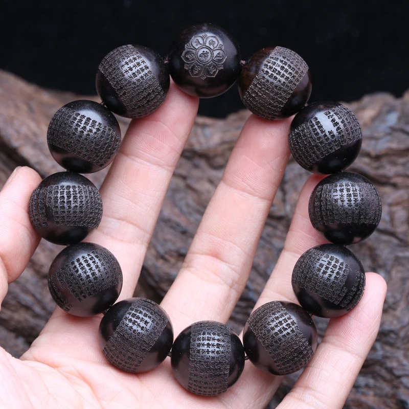 Echte natürliche schwarze Holzperlen aus tibetischem Ebenholz, 20 mm mm, Gebetsmühle, Armband für Herren, klassisch – Detail 3