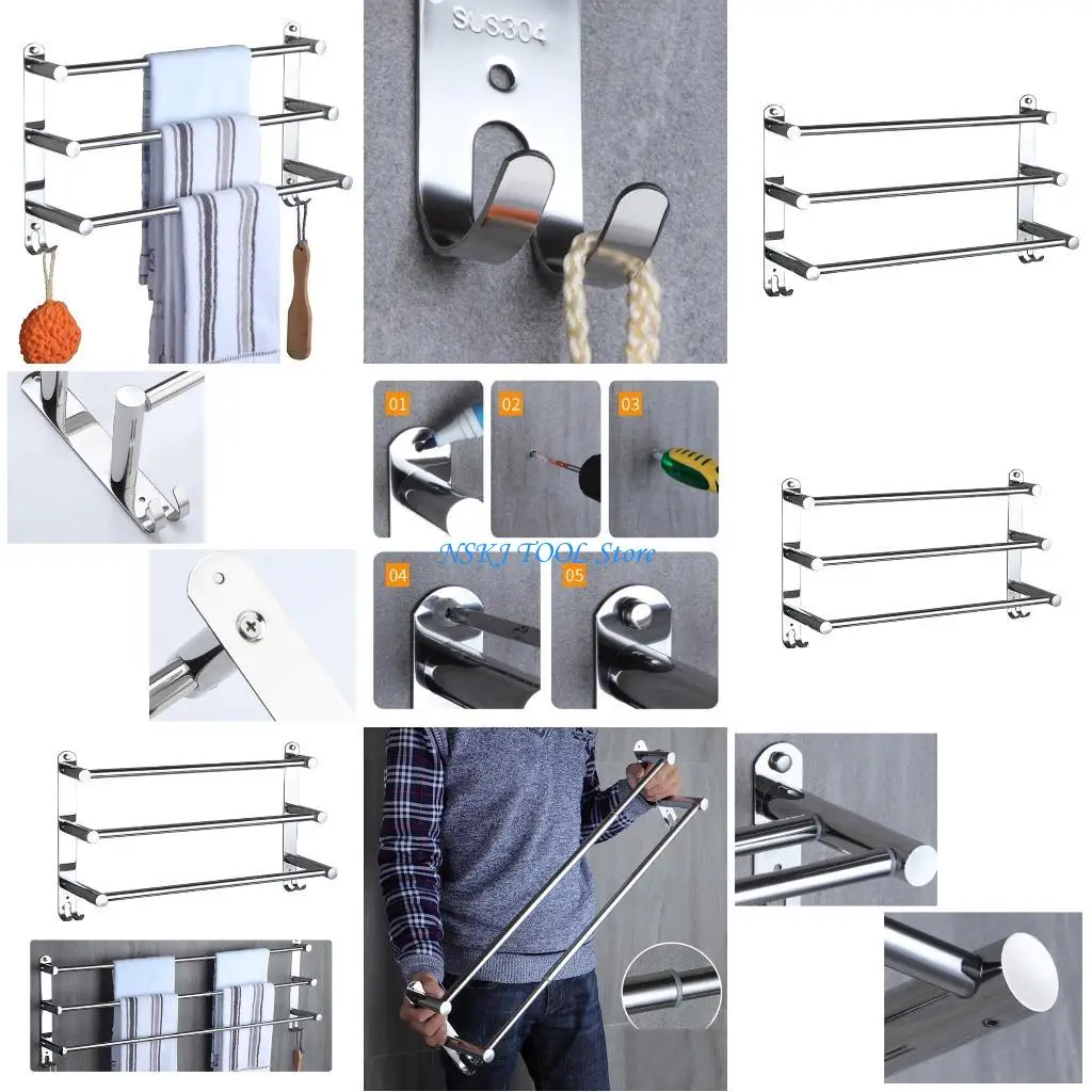 

L8RC Stretchable Stainless Steel Towel Bar 3-Tier Flexable Wall Mount Bathroom Rack
