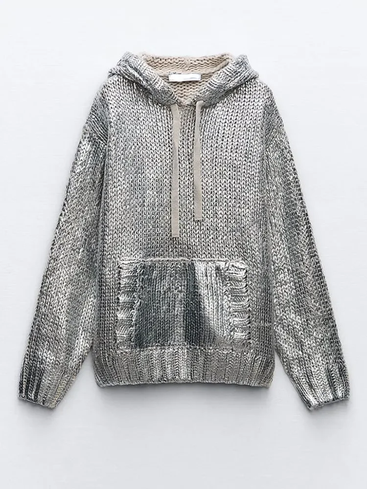 Knitted Sweaters For Women 2025 Autumn Winter Pullover Long Sleeve Metallic Hoodie Shiny Elegant Female All-match Coats