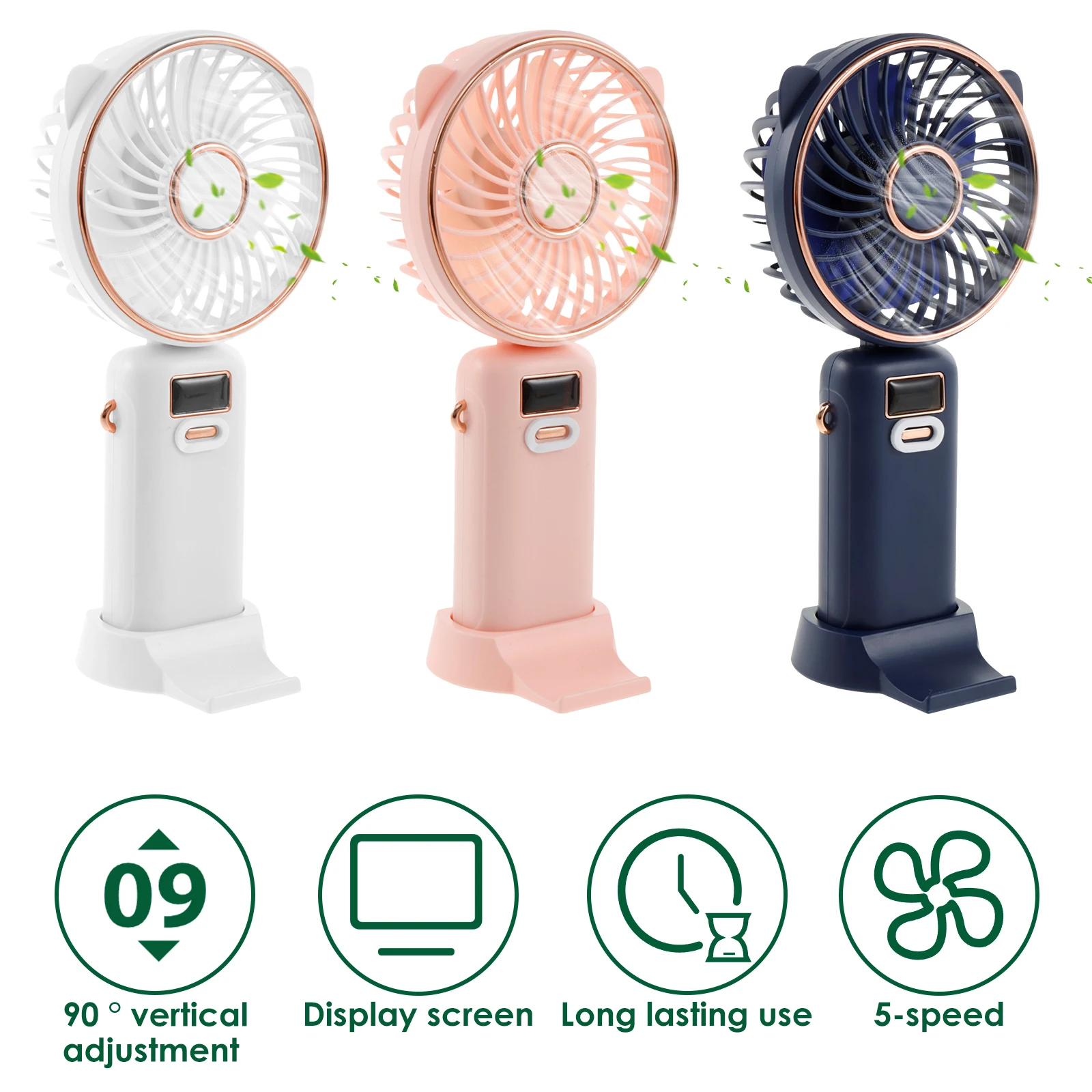 Portable Handheld Fan with Digital Display 2400mAh Rechargeable Handheld Cooling Fan 5 Speed Personal Fan 90° Foldable Desk Fan