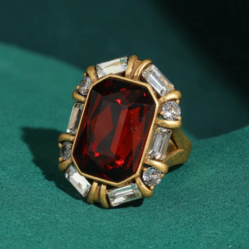 

Vintage Jewelry Red Crystal Ring Woman Square Cubic Zircon Accessories For Women Luxury Designer Wedding Birthday Gift 2026