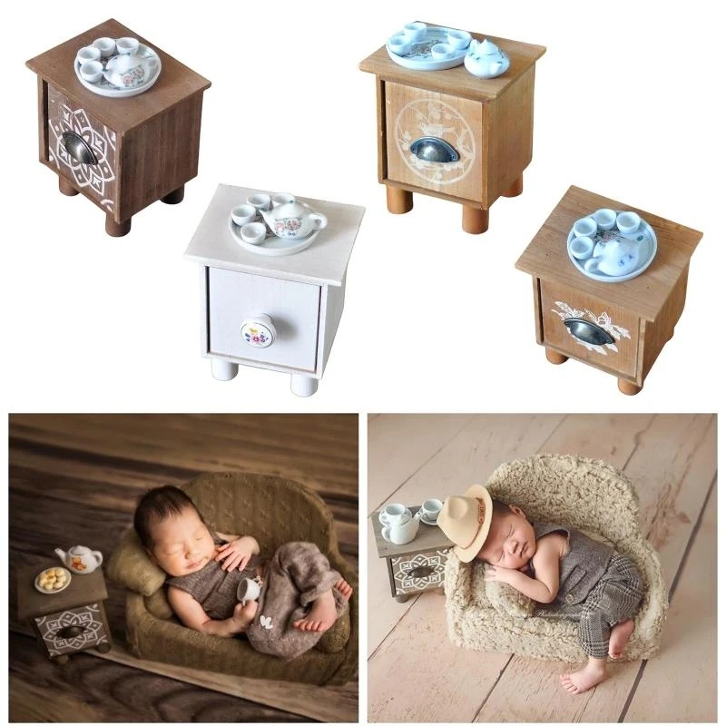 Y4QA Newborn Photography Props Flexible Mini Cabinet Tea-things Set Baby Photo Props