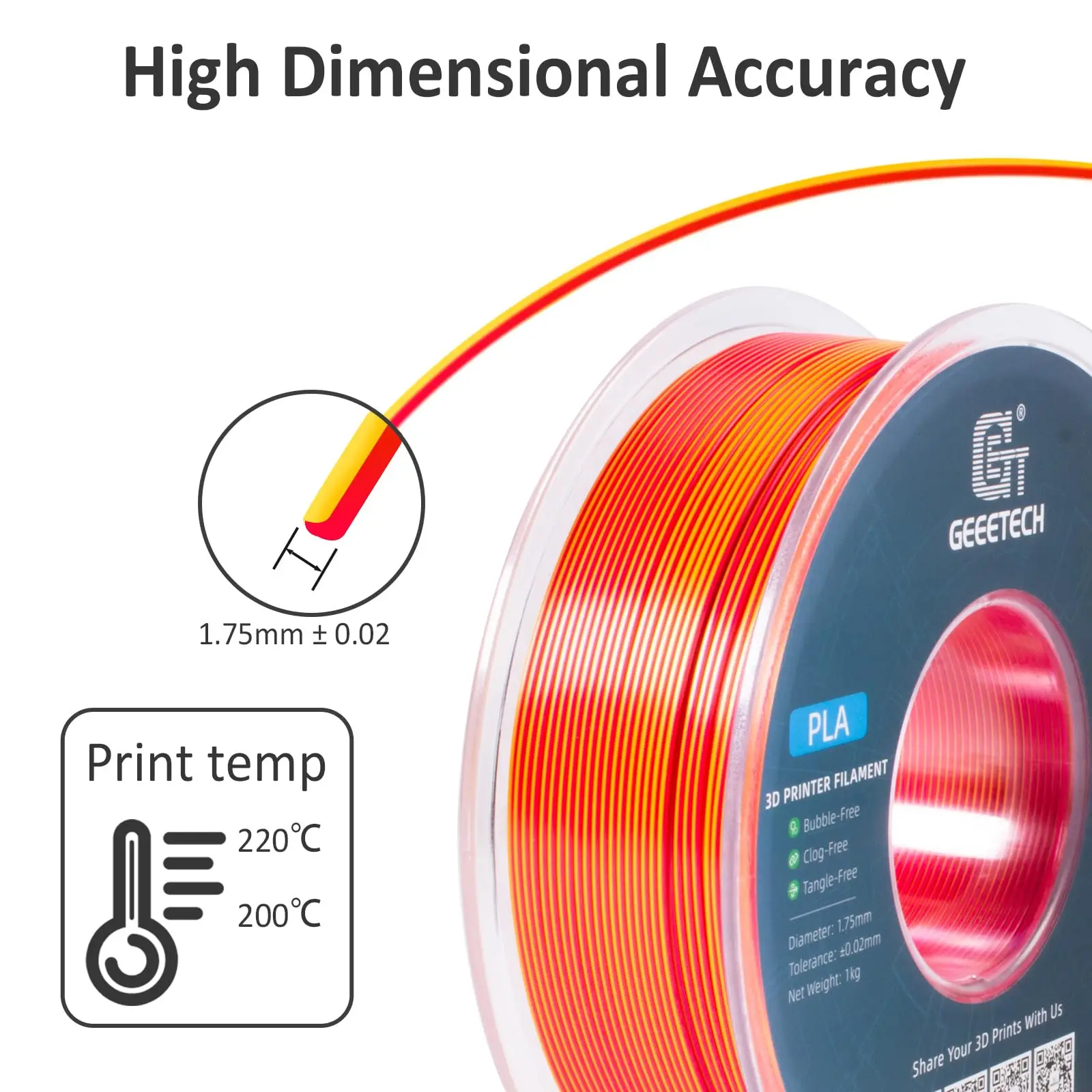 Geeetech Dual Colors BiColor Silk PLA Filament, 3D Filament 1,75 mm 1 kg Drut szpuli (+/-0,03 mm) Opakowanie próżniowe