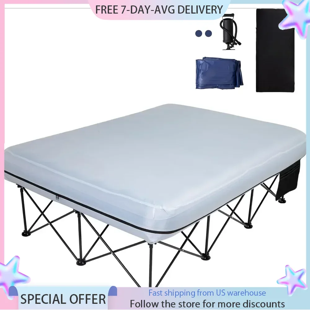 Camping Cot for Adults 2 Person W/Inflatable Air Mattress, Portable Folding Camping Bed with Frame Side Table Carry Bag Mattress