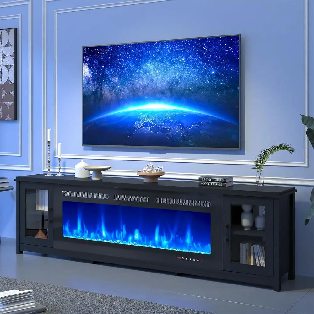 

78 TV Stand for 50 Electric Fireplace, Adjustable Shelf & Glass Door, Entertainment Center, Ideal for Living Rooms, Black