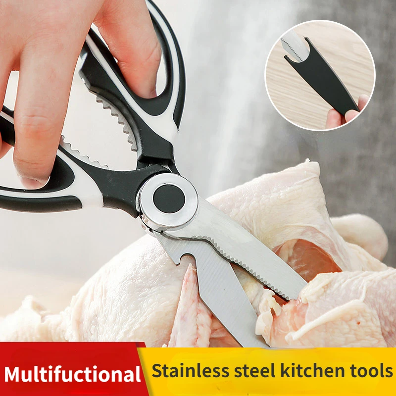 

Multifunctional Kitchen Scissors, Plastic Handle, Stainless Steel, Clamping Walnut Bottle Opener, Chicken Bone