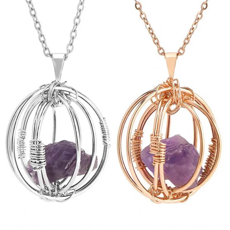 Natural Amethyst Rose Quartz Citrine Wire Wrapped Lantern Irregular Crystal Stone Pendant Necklace for Women Men's Jewelry