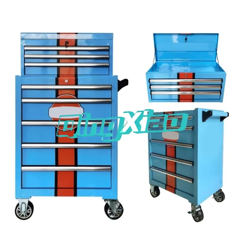 Garage Tool Cabinets Mobile Rolling Customizable Double-Deck Iron Workshops Trolley with 8 Drawers Supported Steel Tool Cabinets