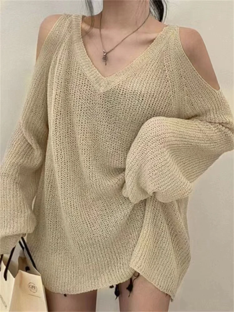 Off Shoulder Knitted Sweater Women Autumn Retro V-neck Thin Knitwear Female Korean Fashion Loose Casual All-match Sunscreen Tops