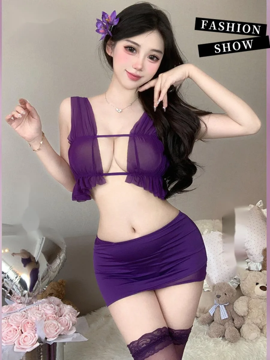 

Sexy Pure Desire Purple Mesh Open Chest See-through Mature Sister Uniform Two Piece Skirt Set Purple Sweet Women Set QL8C