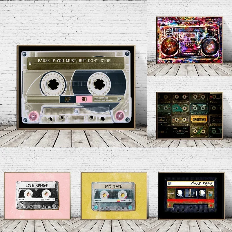 1980s Nostalgia Mix Tape Vinyl Record Audio Cassette Motivational Quotes Poster Canvas Painting Wall Pictures Studio Home Decor