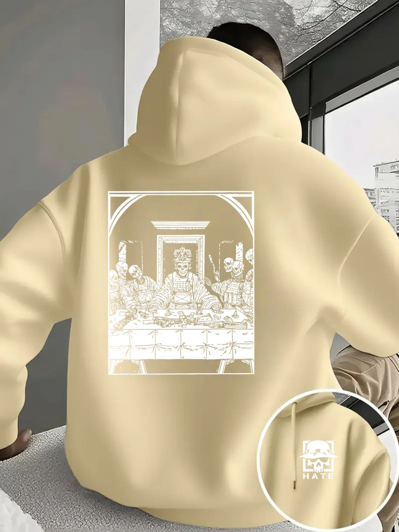 Herren Sport Hip-Hop Hoodie mit Skelett-Last-Supper-Rückendruck, Streetwear, lockerer Fleece-Pullover, lässiges Herren-Outfit – Detail 7