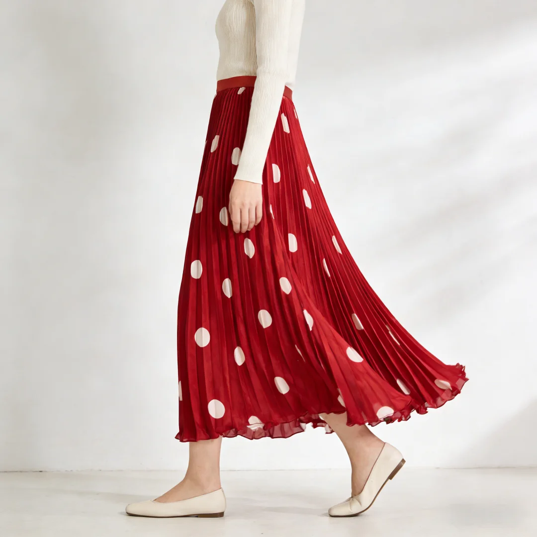 Polka Dots Pleated Long Skirt Women Casual High Waisted A-line Dance Party Skirt Ankle-Length Beach Dress Summer Clothing